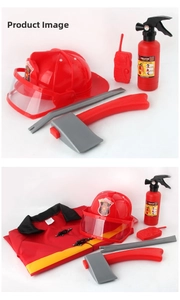 Detailed firefighter costume set with helmet, axe, walkie-talkie and water gun for kids