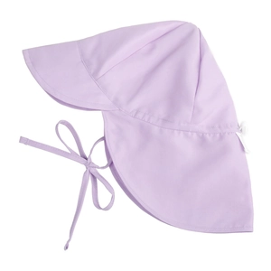 Close-up of purple baby sun hat with neck protection flap and adjustable white drawstring