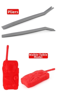 Detail of toy firefighter set including red walkie-talkies and grey plastic crowbar tools