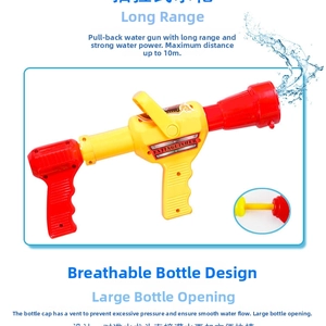 Detail of fire extinguisher water gun featuring a 10m range and large refill opening