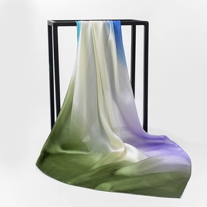 Elegant gradient satin silk scarf with soft green, purple, and blue tones for women