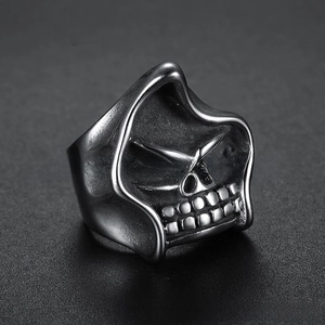 Macro shot of vintage skull ring in 316L stainless steel with gothic antique finish