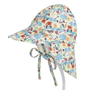 Detail of baby sun hat with neck flap, featuring ocean cartoon prints and windproof strap