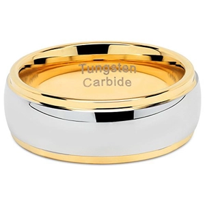 Close-up of dual-tone tungsten carbide ring with silver exterior and 18K gold plated interior