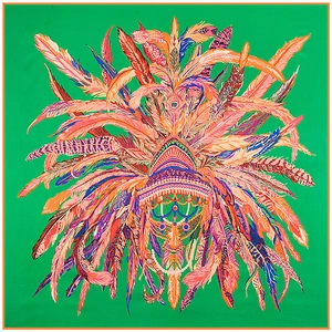 Detail of vibrant feather pattern on high-quality green twill silk square scarf for women