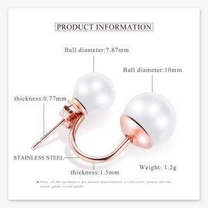 Detailed technical drawing of double pearl rose gold earrings with size measurements