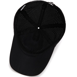 Breathable black mesh baseball cap showing inner reinforced seams and adjustable strap