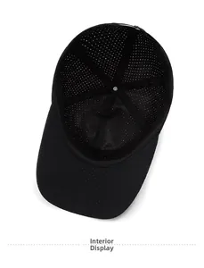 Internal view of a black mesh baseball cap showing breathable stitching and metal top button