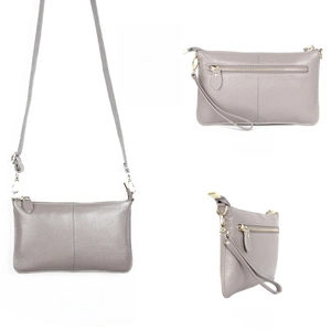 Gray genuine leather envelope clutch with litchi texture and detachable crossbody strap
