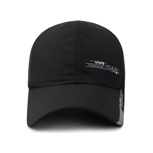Fashionable black mesh baseball cap with breathable fabric and sports print design