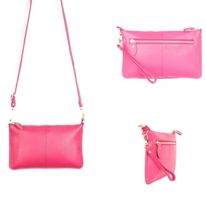 Detailed views of rose red pebble leather bag with zipper pocket and detachable straps
