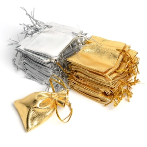Metallic Satin Drawstring Jewelry Pouch Gold Silver Gift Packaging Bag For Jewelry Accessories Display Storage Bag
