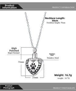 Détails du pendentif urne cœur avec empreinte de patte en acier inoxydable poli 31x21mm