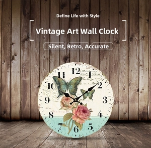 Detail view of silent vintage wooden clock with rose and butterfly patterns on dial