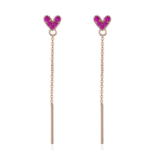 Rose gold long chain drop earrings with magenta heart-shaped stones for women