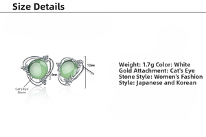 Detailed view of flower stud earring size specifications with green cat eye stone