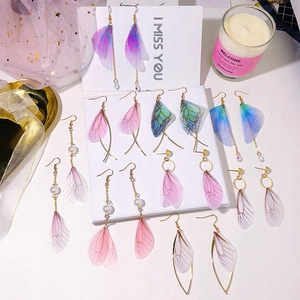 Fairy Butterfly Wing Dangle Earrings Translucent Mesh Cicada Wing Alloy Tassel Faux Artificial Pearl Drop Forest Style Elegant