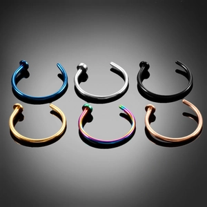 Detailed set of six colorful stainless steel C-shaped nose rings with reflective finish