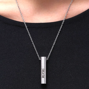 Polished stainless steel cylinder urn necklace for Mom with engraved MOM text detail
