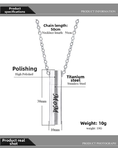 Detailed size chart for stainless steel MOM cylinder urn pendant with dimensions and weight
