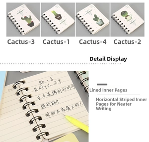 Close-up of A7 spiral notebook featuring lined ivory pages and cute cactus cover illustrations