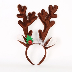 Serre-tête bois de renne marron en peluche avec clochettes et feuilles vertes