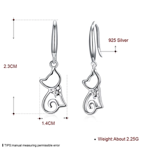 Detailed view of S925 silver cat-shaped drop earrings with dimensions 2.3cm by 1.4cm