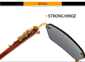 Close-up of luxury wooden temple with gold leopard motif and sturdy metal hinge detail