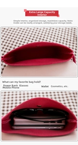 Macro detail of spacious interior red felt crossbody bag with gold snap closure