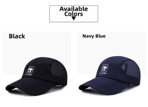 Detail view of breathable side mesh and embroidered logo on black and navy baseball caps