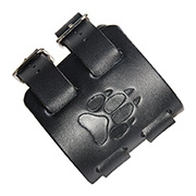 Detail of black wide leather bracelet with embossed bear paw and dual metal buckles