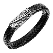 Close-up of braided black leather men's bracelet with silver feather texture clasp