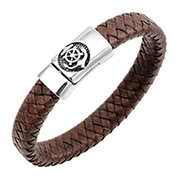 Detail of brown braided leather wristband with silver nautical anchor metal buckle