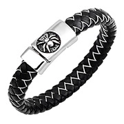 Detail of black woven leather men's bracelet featuring a silver spider engraved metal clasp