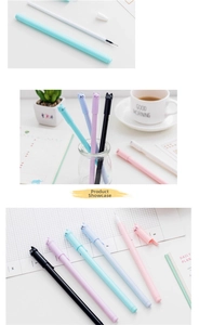 Close-up of cute cartoon cat-shaped gel pens with relief emoji caps in Macaron colors