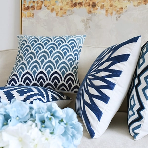 Blue wave embroidery pillow on beige sofa, classic Chinese style home decor cushion