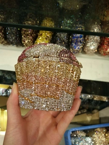 Detail of cupcake-shaped evening clutch featuring colorful crystals and gradient rhinestones