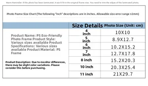 Size chart for vintage photo frames in various dimensions from 4 to 11 inches