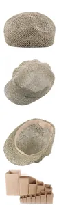 Detailed views of a breathable beige woven straw beret featuring a hollow mesh design