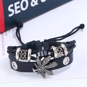Men's punk leather multilayer bracelet featuring metal maple leaf and woven ropes