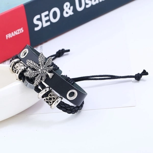 Punk multilayer leather bracelet with silver maple leaf charm and ethnic metal beads