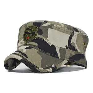 Macro side view of a woodland camouflage cadet cap with shield patch and metal air vents