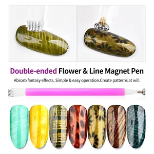 Outil magnétique double tête pour manucure avec embouts fleurs et rectangulaires effet chat