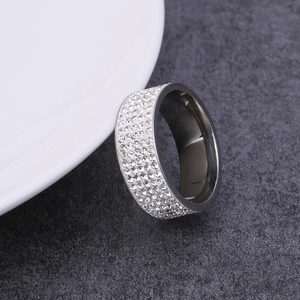 Polished stainless steel ring with five rows of sparkling white zircon crystals