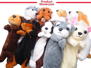 Detailed plush dog pencil case showing realistic fur texture and embroidered facial features
