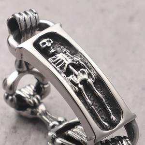 Gothic punk silver skull bracelet for men in stainless steel with embossed biker details