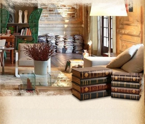 Detail of vintage faux book storage boxes with embossed gold foil titles and textures