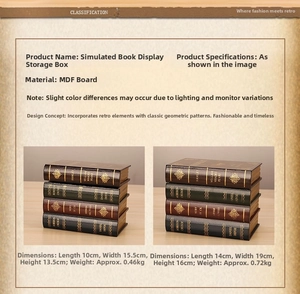 Detailed view of vintage faux book storage boxes in MDF with gold foil lettering