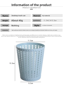 Blue mini desktop trash can with rattan hollow design, dimensions 11.5x8.5x13.5cm