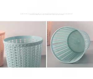 Macro detail of plastic desk trash can with woven texture and round wide opening